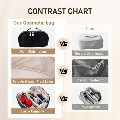 Large Capacity Cosmetic Bag for Women, Waterproof PU Leather Makeup Bag for Travel,Toiletry Bag Make up Organizer with Divider and Handle (Black) - color: Black