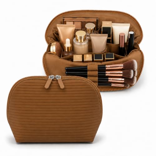 Standing Fold Down Parallel Travel Makeup Bag for Women, Cosmetic Organizer with Multi-Compartments, Stand Bag Organizes skincare, Makeup and Brushes (Premium Version, Vicuna, Medium) - color: Vicuna