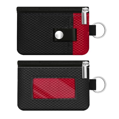 Minimalist RFID Blocking Small Wallet with ID Window,WaterResistant Zip Id Case Wallet with Lanyard Keychain for Cards,Cash,Travel,Women,Men (Black/Red) - color: Black/Red