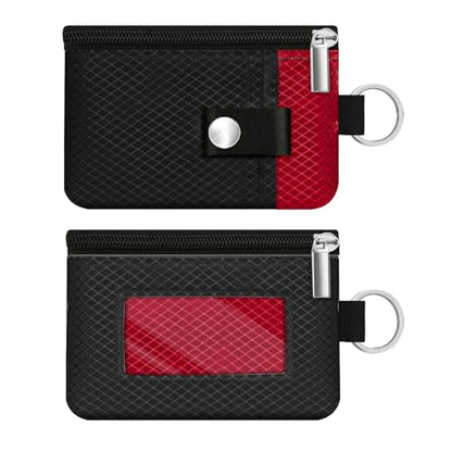 Minimalist RFID Blocking Small Wallet with ID Window,WaterResistant Zip Id Case Wallet with Lanyard Keychain for Cards,Cash,Travel,Women,Men (Black/Red) - color: Black/Red