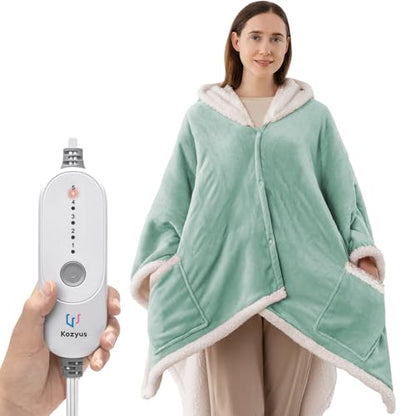 Wearable Heated Shawl Blanket with Hood & Pockets, 56"x63", Light Green - color: Light Green, size: 56"x63"