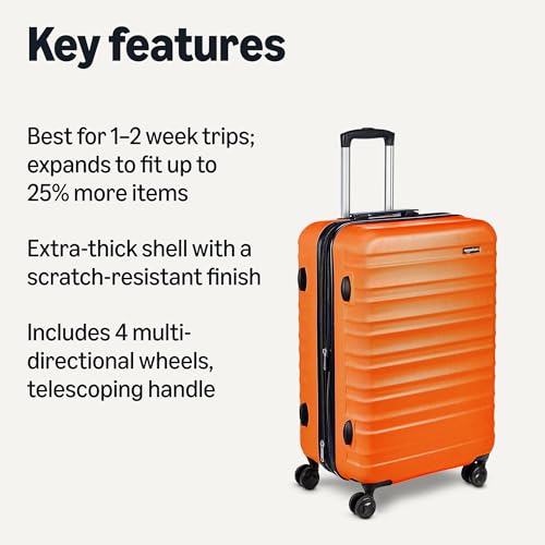 Amazon Basics 하드사이드 스피너, 기내용, 바퀴 달린 확장 가능한 여행 가방, 주황색., 66cm(26인치) - color: 주황색., size: Medium Checked