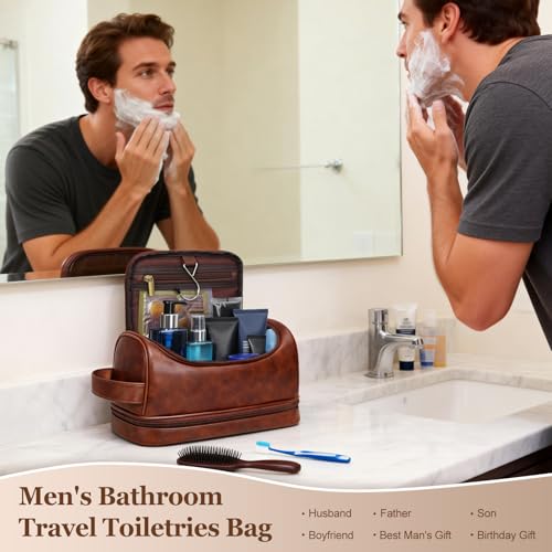 Customized Gifts Travel Leather Toiletry Bag for Mens, Engraved Name Initial PU Leather Waterproof Large Shaving Bag with Hooks, Unique Birthday Gifts for Him Men Dad Son Brother,G