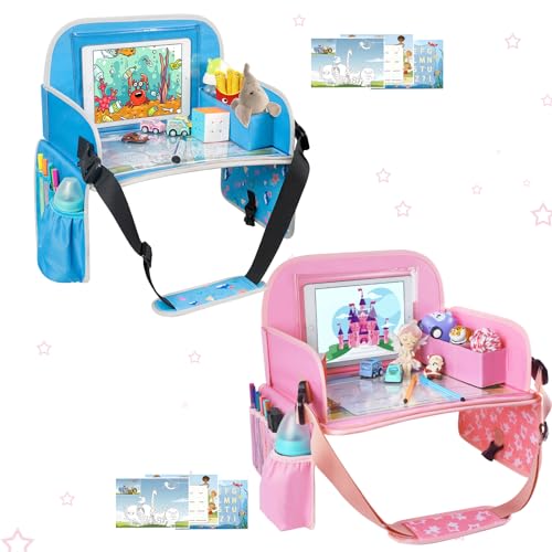 MENZOKE Bundle–2 items Kids Travel Tray with Dry Erase Board & Storage Pocket, Blue & Pink
