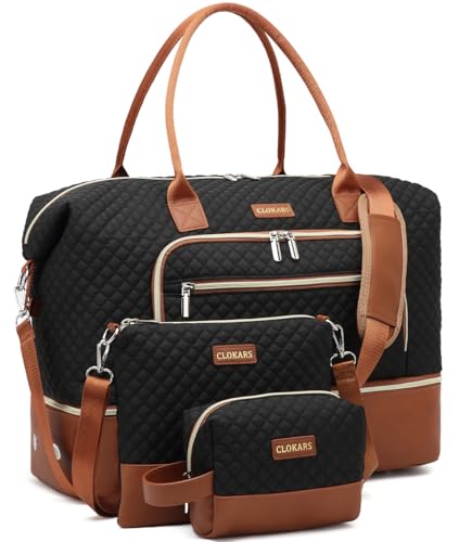 Large Weekender Bags for Women Travel, Under Seat Carry On Bags for Airplanes Overnight Bag with Shoe Compartment Luggage Sleeve, Foldie Travel Tote Bag Hospital Bag, Travel Gifts, Black Brown - color: Black Brown, size: Large