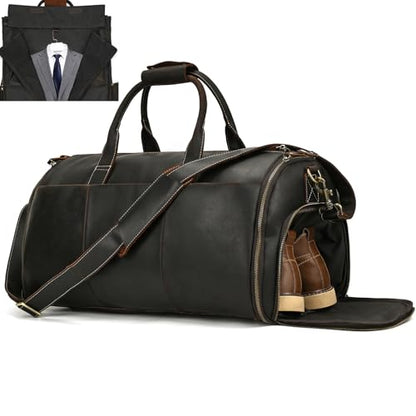 Men's Full Grain Leather Carry On Garment Duffle Suit Travel Bag - color: Dark Brown
