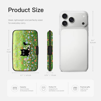 Credit Card Holder RFID Aluminum card case Flowers Cat 2 mini Wallet Women - color: Flowers and Black Cat