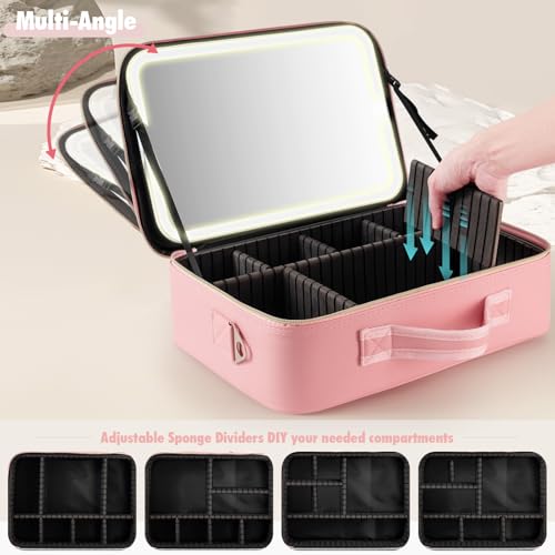 15''X11'' Large Makeup Bag with Removable Lighted Mirror, PU Leather - color: Pink-Removable Mirror