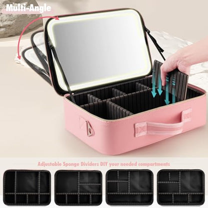 15''X11'' Large Makeup Bag with Removable Lighted Mirror, PU Leather - color: Pink-Removable Mirror