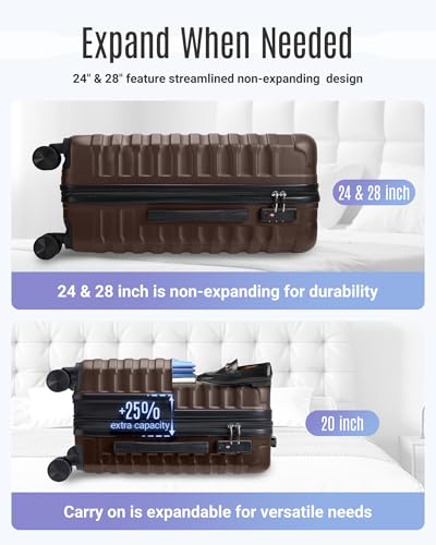 LIGHT FLIGHT Luggage Sets 3 Pcs Suitcase with Wheels,20"/24"/28",Brown - color: Brown, size: X Large