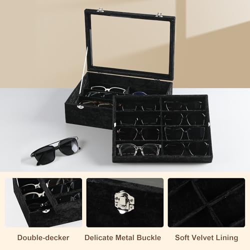 Frebeauty 16-Slot Sunglass Organizer Box,2 Layer Velvet Sunglasses Holder - color: Black