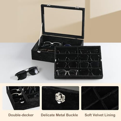 Frebeauty 16-Slot Sunglass Organizer Box,2 Layer Velvet Sunglasses Holder - color: Black
