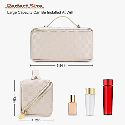 Cessfle Large Capacity Travel Cosmetic Bag Plaid Checkered Makeup Bag Portable Leather Waterproof Skincare Bag with Handle and Divider for Women 01-White - color: 01-White