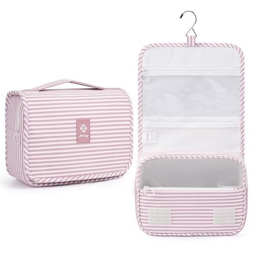 Narwey Small Hanging Travel Toiletry Bag for Women, Cosmetic Makeup Bag - color: Y-Dusty Pink Stripe