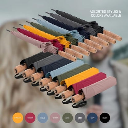 Knirps TIMBER Manual Umbrella - Compact Folding Rain Protection with German Beechwood Handle, Wind Tunnel Tested Frame, Portable Travel Design - color: Navy