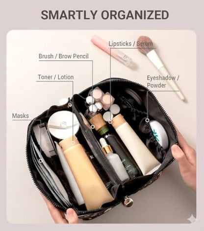Aveniee Travel Makeup Bag for Women, Large Cosmetic Organizer with Open-Flat Design, Clear Divider & Handle - Waterproof PU Leather Toiletry Case (BunnyPattern) - style: Bunny Bear