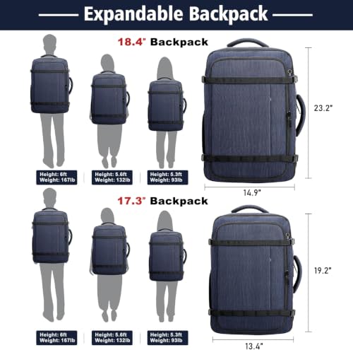 Travelability Carry On Backpack,Expandable 1-7 DAYS Roomy Travel Backpack - color: Blue, size: 18.4inch - 23.2"x14.9"x9.4"(+3.5")