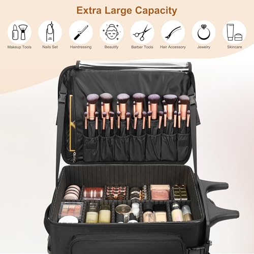 Relavel Rolling Makeup Case, Lockable Travel Organizer with 2 Big Wheels - color: 1-Black