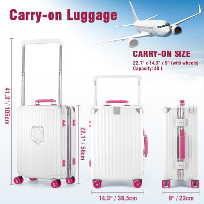 Xtaeptos 20 Inch Zipperless Carry On Luggage with Aluminum Frame Hardside - color: White + Pink