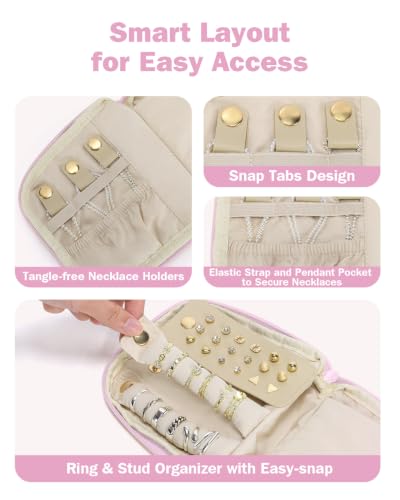 Travel Jewelry Case with Necklace Holder, Earring and Ring Organizer, Pink - color: Pink