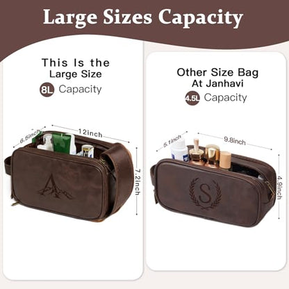 Travel Toiletry Bag For Mens PU Leather Engraved Initials (Dark Brown E) - color: Dark Brown, style: E