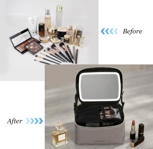 Travel/Daily Makeup Bag/Cosmetic Case with Detachable LED Mirror - color: Taupe