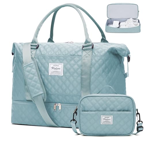 Weekender Bags for Women, Travel Duffel Bag with Shoes Compartment | Overnight Bag with Toiletry Bag, Carry on Personal Item Bag for Travel Business Trips Sport Hospital,Grid Travel Bag Set - color: Grid-LightBlue, size: Large