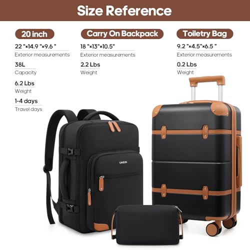 Expandable Carry On Luggage Set, 20In PC Hardside Suitcase with Backpack - color: Black