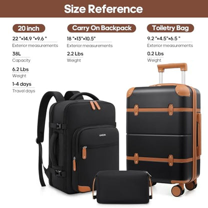 Expandable Carry On Luggage Set, 20In PC Hardside Suitcase with Backpack - color: Black