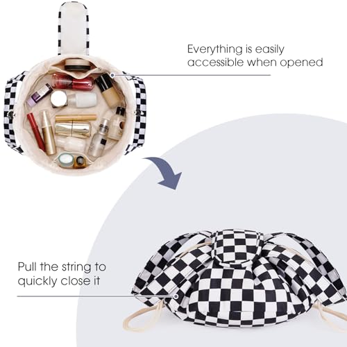 Narwey Lay Flat Drawstring Makeup Bag, Travel Toiletry Cosmetic Bag Women - color: Z-Black Checkerboard
