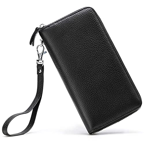 Moflycom Womens Wallet RFID Blocking Genuine Leather Zip Clutch Wristlet - color: Black