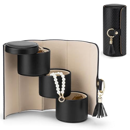 VLANDO Travel Jewelry Organizer, 3 Tier Roll Up Design, Hard Shell Storage - color: A.Black