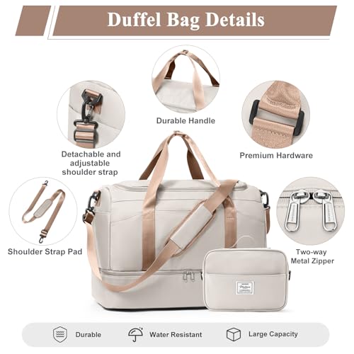 Large Travel Duffle Bag,Carry-on Overnight Weekender Bags for Women - color: Beige & Brown with Toiletry Bag