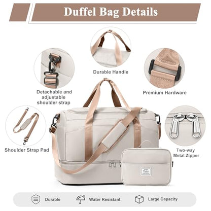 Large Travel Duffle Bag,Carry-on Overnight Weekender Bags for Women - color: Beige & Brown with Toiletry Bag