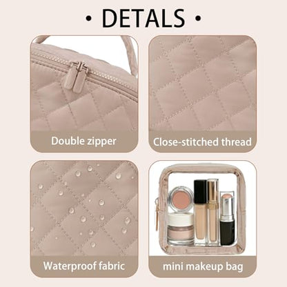 Travel Makeup Bag for Women,Large Capacity Waterproof Makeup Organizer, Open Flat Toiletry Bag for Toiletries(Light Brown)