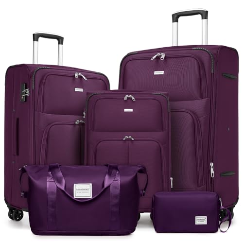 LARVENDER Luggage Sets 5 Piece Softside Expandable Suitcase Sets, Purple - color: Purple, size: 5 Piece Set