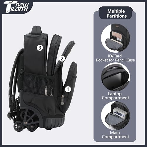 NEW TILAMI 18-Inch Rolling Backpack 6-Wheel for Kids School Travel - color: Black
