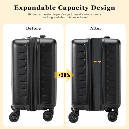 CENSIEN Expandable 16 Inch Carry On Luggage Airline Approved Small Suitcase - color: Black, size: 16 Inch EXT