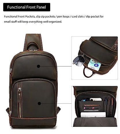 LANNSYNE Full Grain Leather Sling Bag For Men, Crossbody Bag fits 12.9" iPad Crossbody Chest Daypack - color: Brown