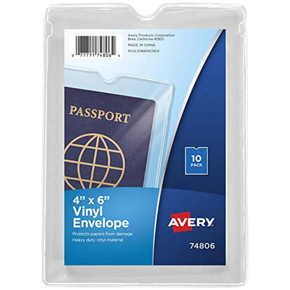 Avery File Envelopes, 4" x 6" Passport Holder, Holds up to 30 Sheets, 10 Clear Vinyl Envelopes (74806)