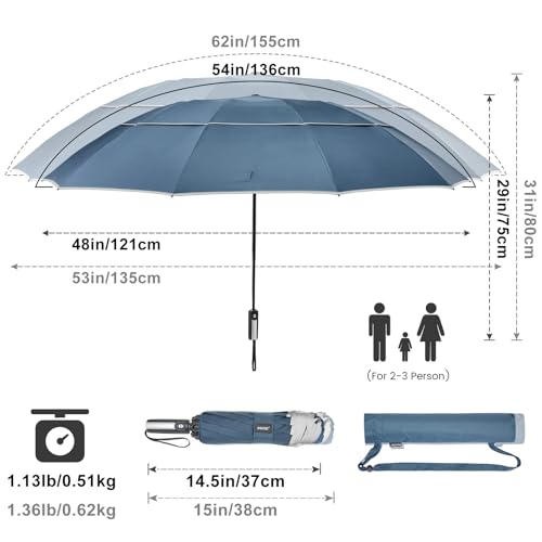 G4Free 54/62 Inch Large Inverted Golf Umbrella Windproof Reflective Stripe - color: Blue, size: 62 inch