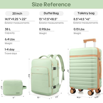 UKEIN Luggage Sets 3Piece, Carry On Luggage 20in Suitcase Set With Backpack - color: Light Green, size: 3 piece set (BP/20inch)