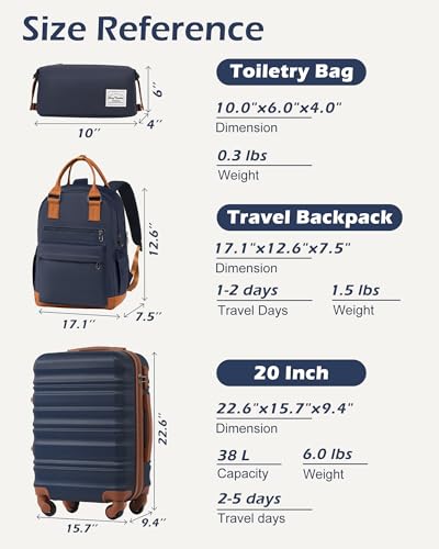 LONG VACATION Luggage Sets, 3 Piece, 20 Inch Carry On Hardshell Suitcase - color: NAVY, size: 3-Piece Set (20-Inch BP/TB)