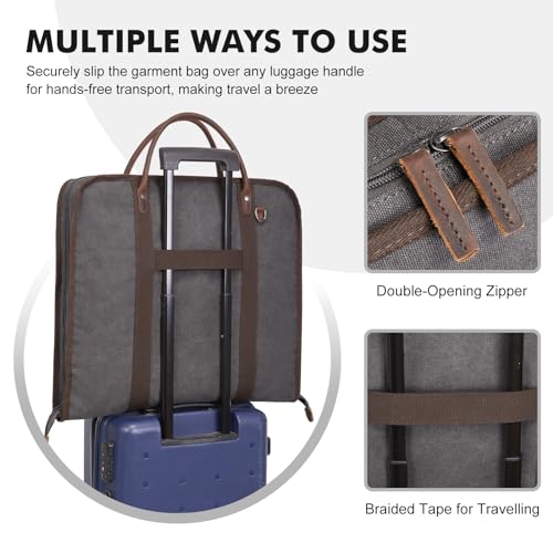 S-ZONE Carry on Garment Bag for Business Travel Canvas Leather Men Suit Cover - color: Grey, size: X-Large