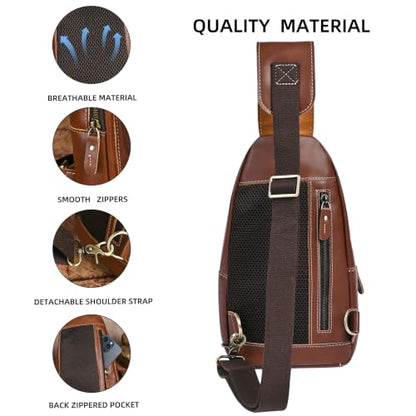 Genuine Leather Hiking Travel DayPack Sling Crossbody Triangle Chest Pack Bag For Men Women 8241 (E-Coffee 1) - color: E-coffee 1