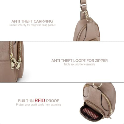 Anti Theft Sling Bag for Women Genuine Leather Crossbody Bag, Khaki - color: Khaki