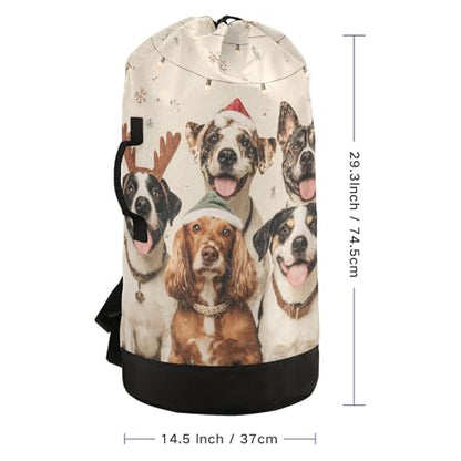 Christmas Dogs Beige Laundry Backpack Bag with Adjustable Shoulder Straps Handle Dirty Laundry Hamper Bag for Traveling Camp College Dorm Heavy Duty Waterproof Large Capacity - color: Christmas Dogs Beige