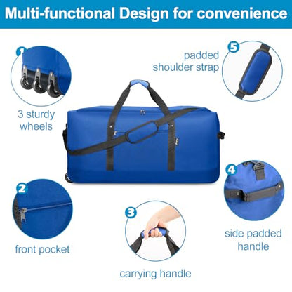 Finnhomy 120L Foldable Rolling Duffel Bag with 3 Wheels, Light Weight Travel Duffel bag with Large Loading Capacity, 32'' Rolling Duffel bag with Shoulder Strap - color: Blue