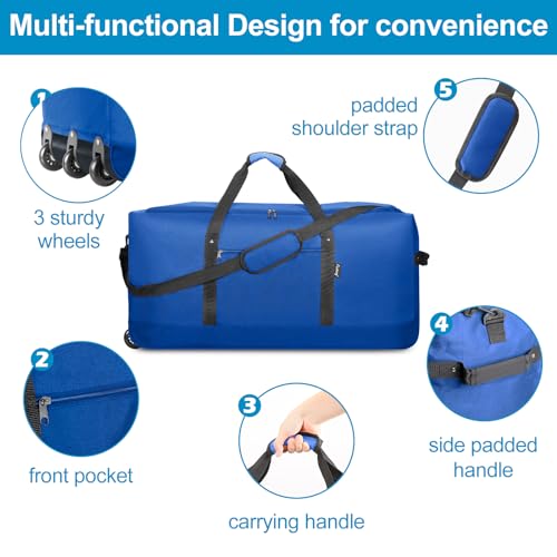 Finnhomy 120L Foldable Rolling Duffel Bag with 3 Wheels, Light Weight Travel Duffel bag with Large Loading Capacity, 32'' Rolling Duffel bag with Shoulder Strap - color: Blue