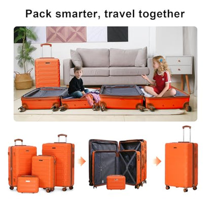 4 Piece Luggage Set Expandable ABS Travel Suitcase Set TSA Lock Hardshell Durable Lightweight Traveling Luggage Sets Gift for Back to School (Orange, 28in26in20in13in) - color: Orange